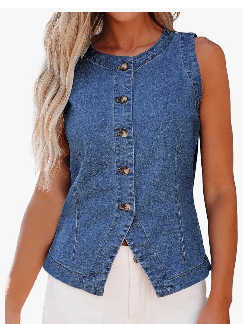 Denim Button Front Sleeveless Vest